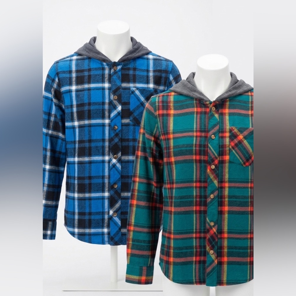 Survival Gear Boys Hooded Flannel Shirt Bundle Green & Blue Plaid 10/12 Youth